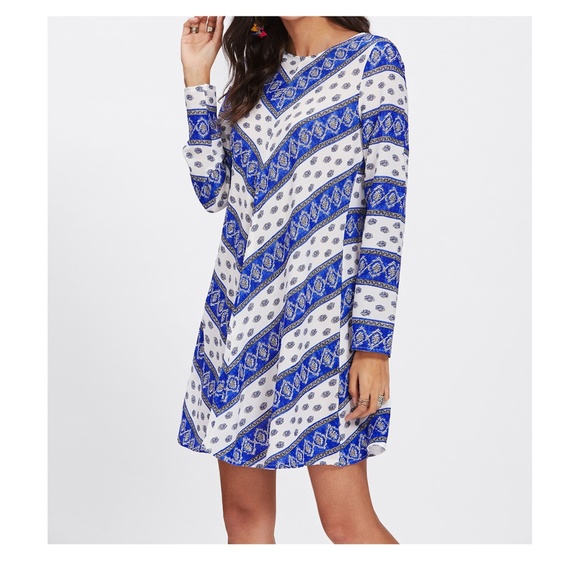 Blue White Print Long Sleeve Boho Shift Dress - Picture 2 of 5